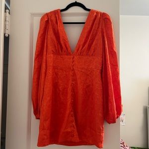 Orange silk long sleeve mini dress